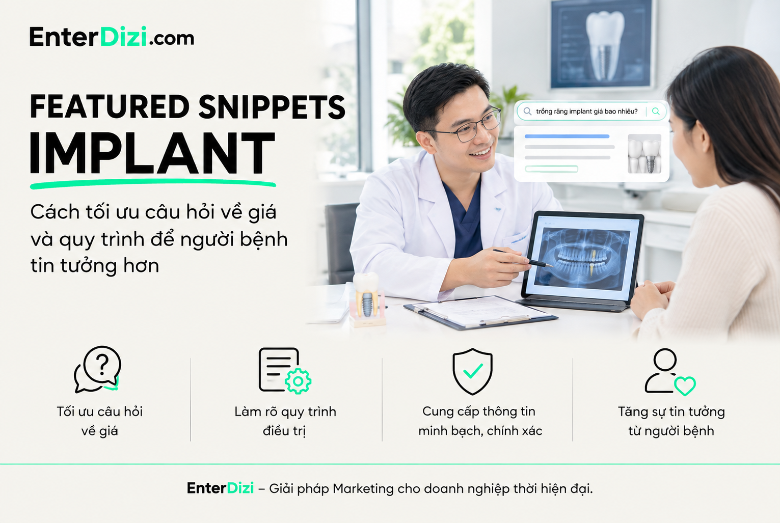 Featured Snippets Implant: Cách tối ưu câu hỏi về giá và quy trình để người bệnh tin tưởng hơn