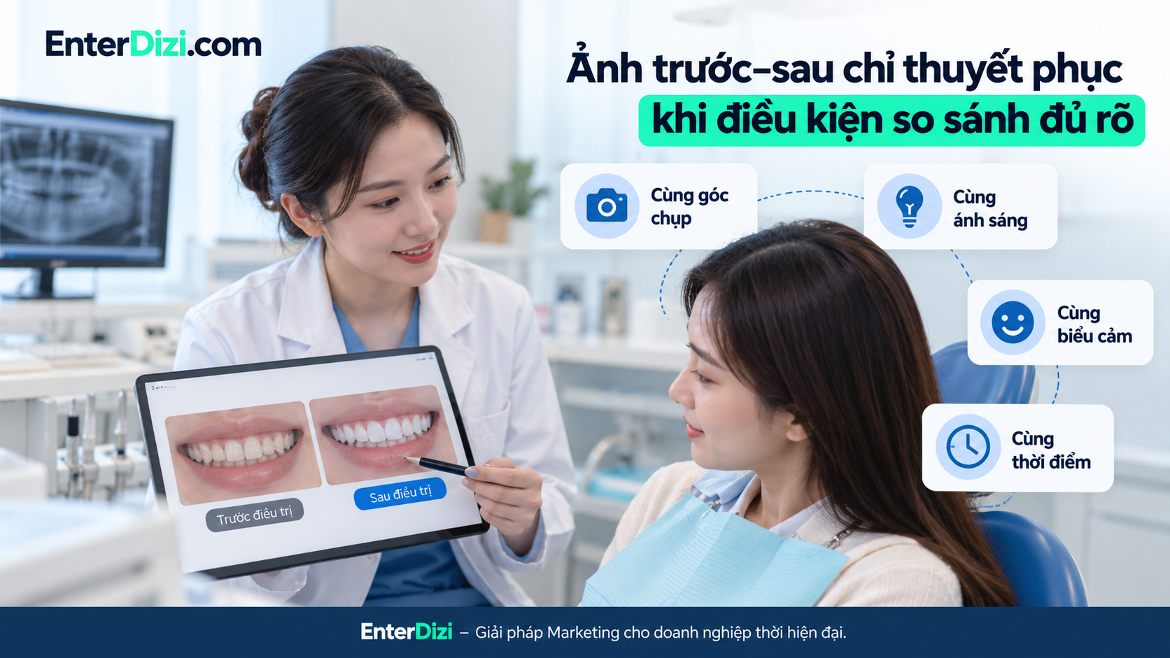 Hình ảnh trước và sau điều trị nha khoa cần được chụp trong điều kiện ánh sáng, góc máy và biểu cảm nhất quán, giúp người xem đánh giá kết quả khách quan và tránh những kỳ vọng thiếu thực tế.