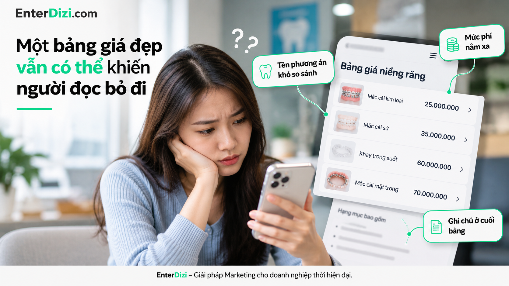 Bảng giá niềng răng trên mobile cần hiển thị rõ tên khí cụ, mức phí và điều kiện đi kèm, giúp người dùng dễ so sánh mà không phải cuộn ngang hoặc tự suy đoán thông tin.