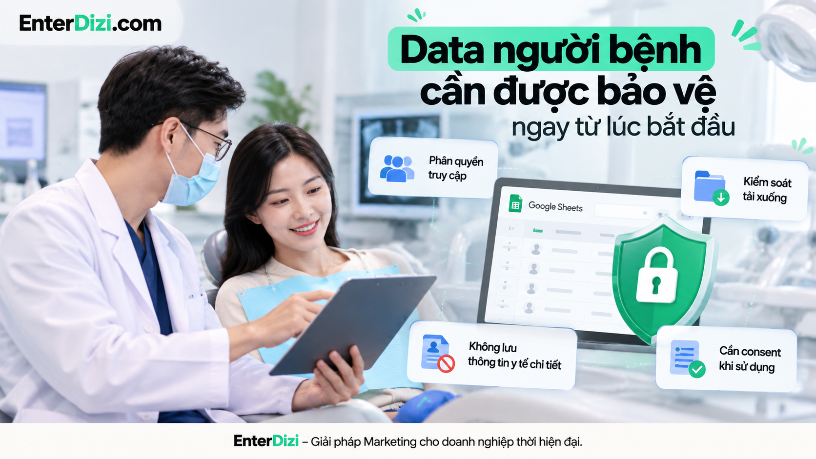 Bảo mật dữ liệu người bệnh khi kết nối chatbot với Google Sheet cần chú trọng phân quyền truy cập, kiểm soát tải xuống, hạn chế thu thập thông tin y tế không cần thiết và quản lý sự đồng ý của khách hàng.