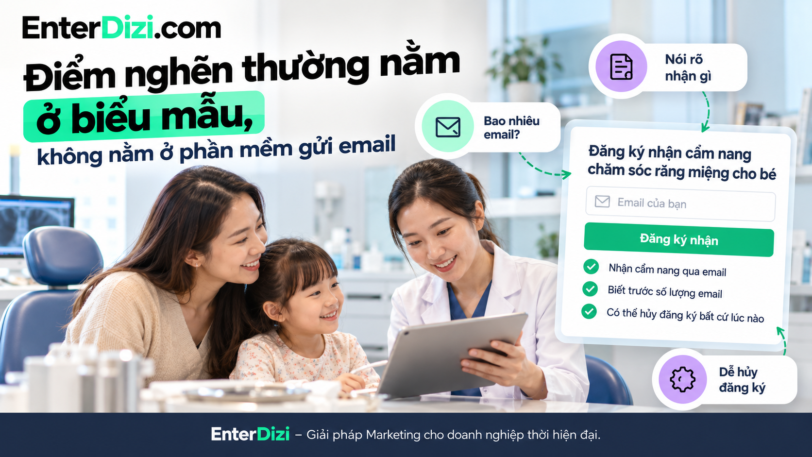 Biểu mẫu đăng ký email rõ ràng giúp phụ huynh hiểu nội dung sẽ nhận, tần suất gửi và cách hủy đăng ký. Đây là nền tảng để xây dựng hệ thống email marketing nha khoa minh bạch và hiệu quả.