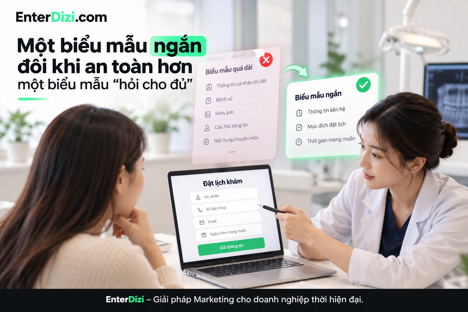 Thiết kế biểu mẫu đặt lịch nha khoa ngắn gọn, chỉ thu thập thông tin cần thiết giúp giảm rủi ro lộ dữ liệu và nâng cao quyền riêng tư của người bệnh.