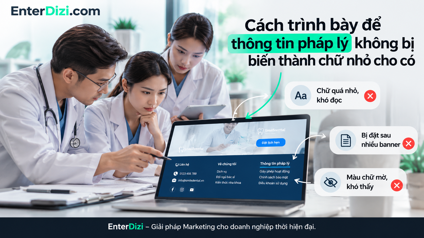 Thông tin pháp lý trên footer cần dễ đọc, dễ tìm và hiển thị rõ ràng trên cả máy tính lẫn điện thoại.