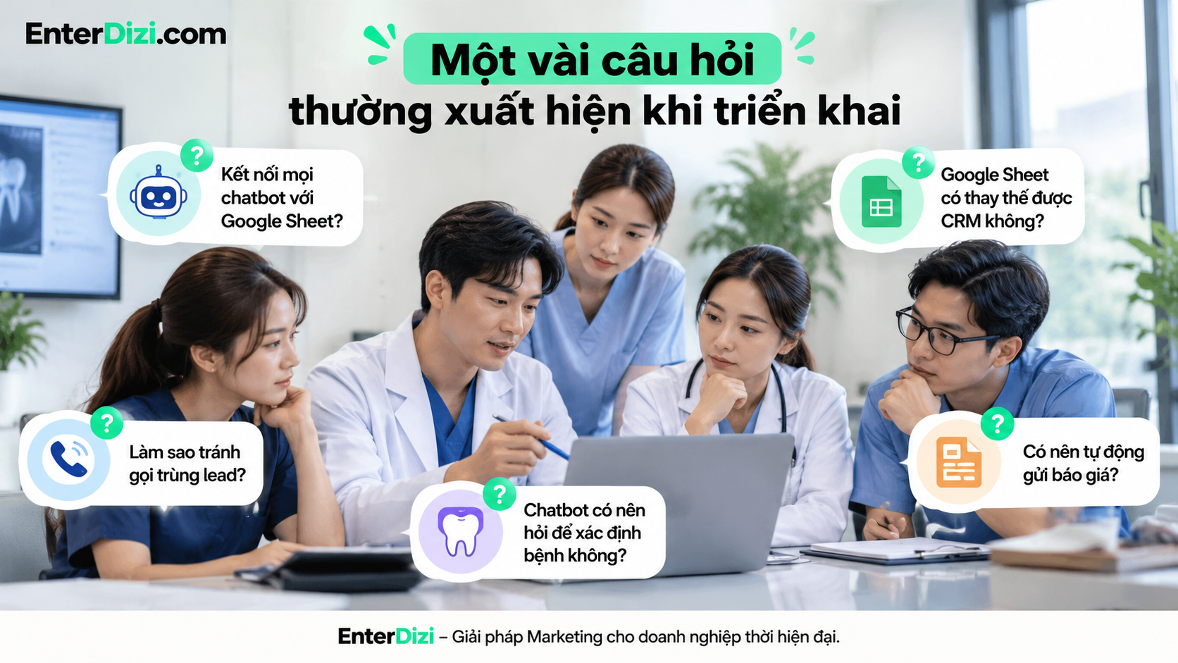 Giải đáp những thắc mắc thường gặp khi kết nối chatbot với Google Sheet trong nha khoa, từ khả năng tích hợp, quản lý lead, tránh gọi trùng khách hàng đến lựa chọn CRM và tự động gửi báo giá.