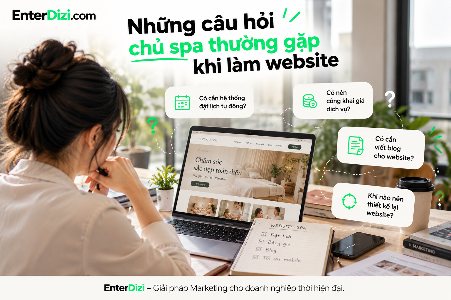 Giải đáp những câu hỏi phổ biến khi xây dựng website spa về hệ thống đặt lịch, công khai giá dịch vụ, phát triển blog và thời điểm cần thiết kế lại website.
