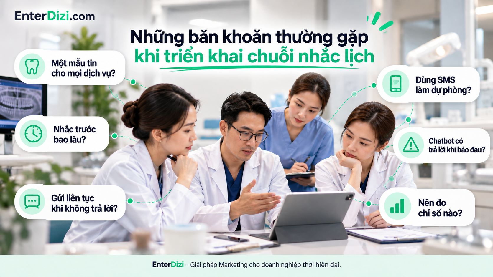 Giải đáp những câu hỏi thường gặp khi triển khai nhắc lịch nha khoa tự động, bao gồm thời điểm gửi tin, phân nhóm niềng răng và Implant, SMS dự phòng, chatbot và các chỉ số đánh giá hiệu quả.