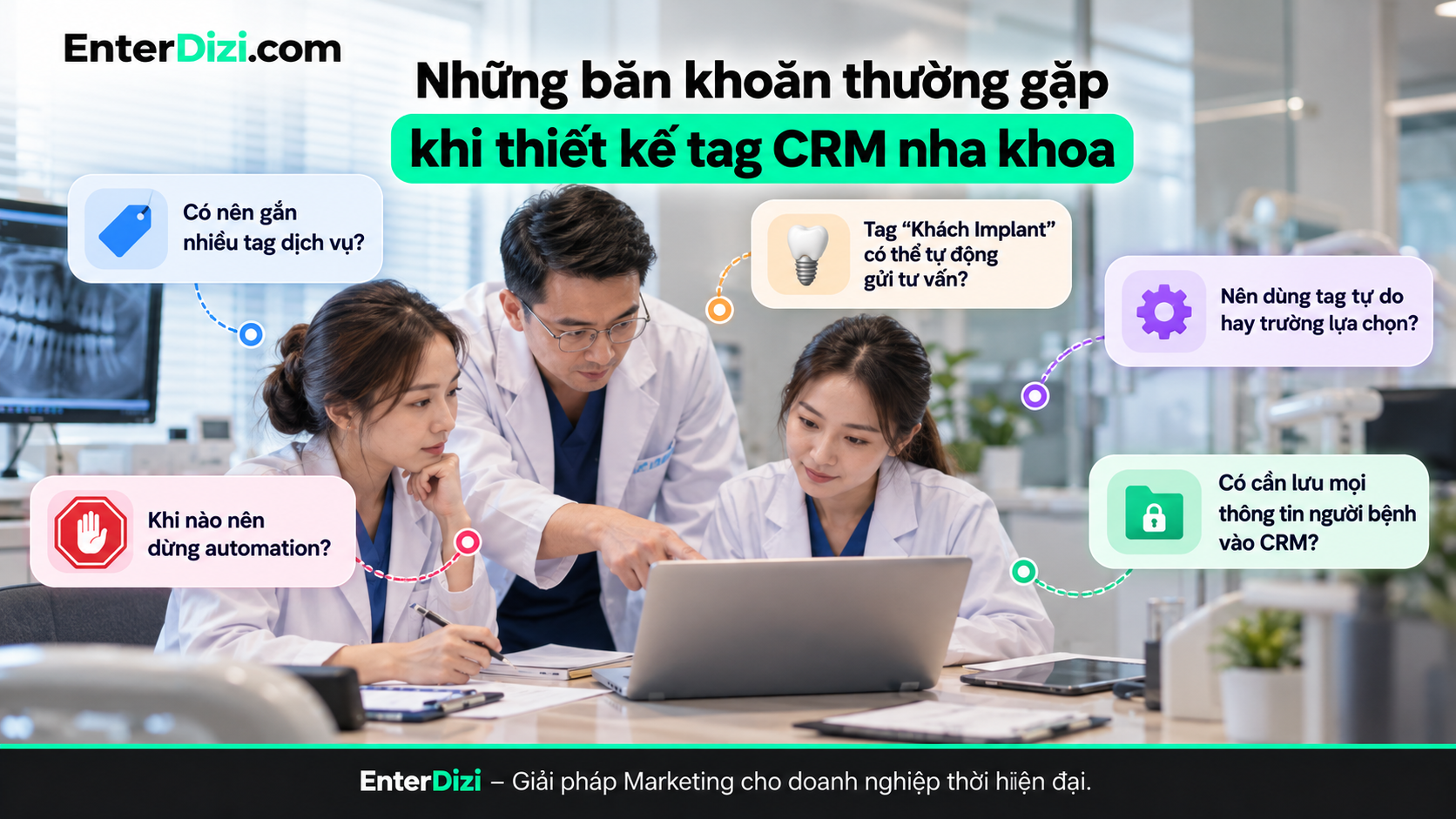 Những câu hỏi quan trọng khi thiết kế tag CRM nha khoa liên quan đến phân loại dịch vụ, tự động hóa, điều kiện dừng và bảo mật dữ liệu bệnh nhân.