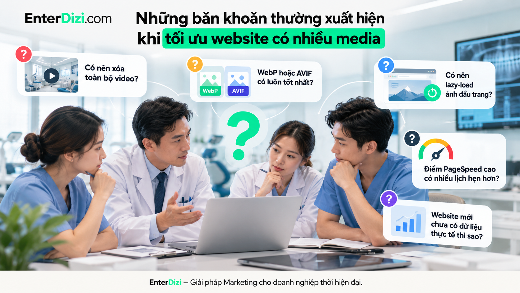 Giải đáp những câu hỏi thường gặp khi tối ưu website nha khoa có nhiều hình ảnh và video, từ lựa chọn WebP, AVIF, lazy loading đến đánh giá PageSpeed và dữ liệu người dùng thực tế.