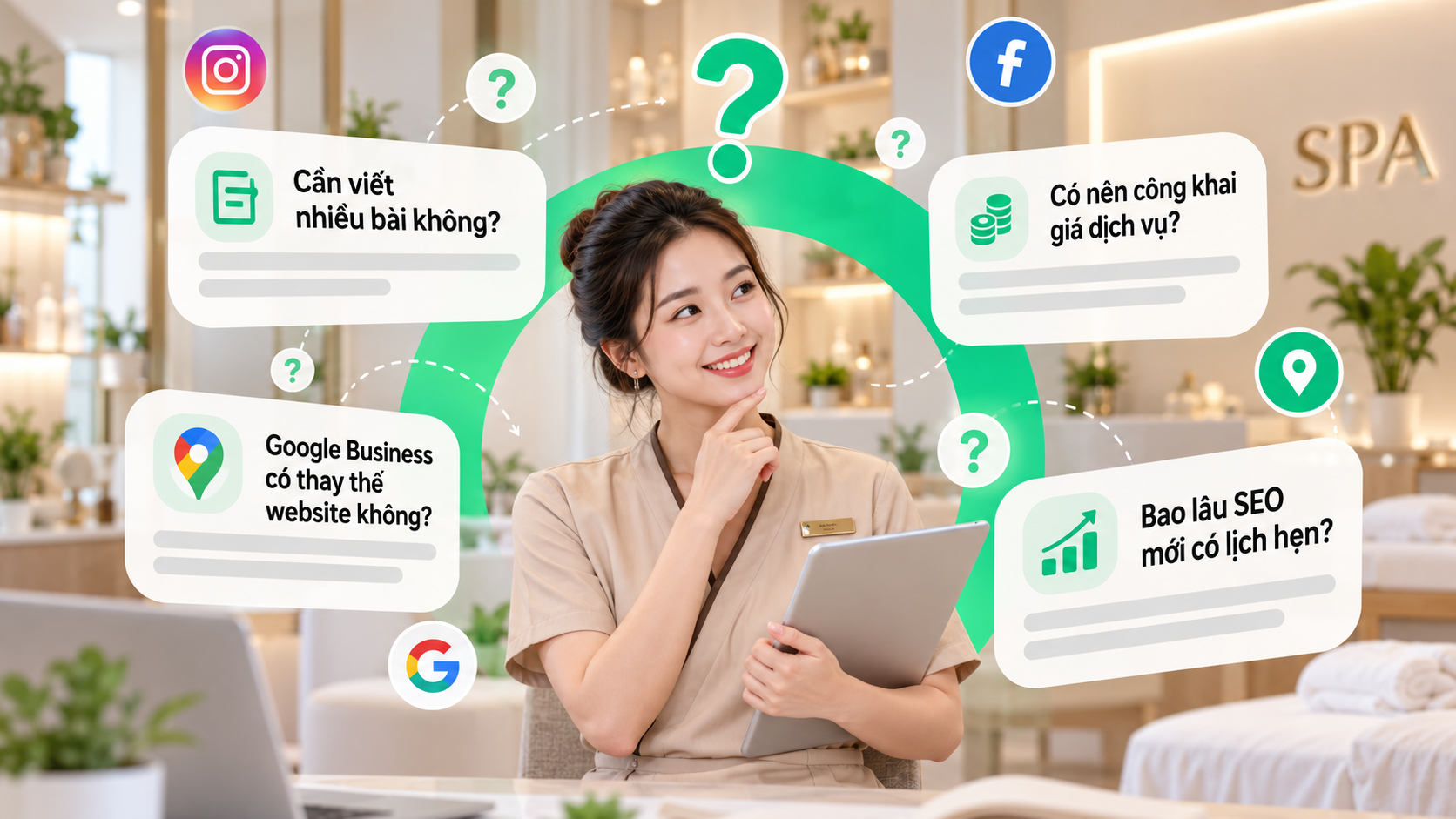 Giải đáp những thắc mắc phổ biến về SEO website spa, từ chiến lược nội dung, công khai giá dịch vụ đến Google Business Profile và thời gian tạo lịch hẹn.