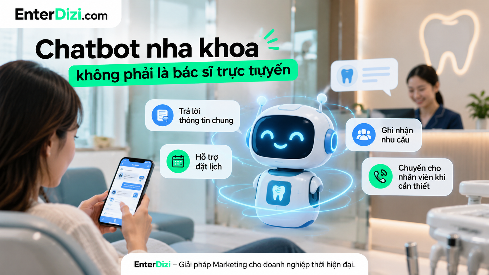 Chatbot nha khoa hỗ trợ giải đáp thông tin, ghi nhận nhu cầu, đặt lịch hẹn và chuyển tiếp hội thoại cho nhân viên, không thay thế bác sĩ trong chẩn đoán và điều trị.