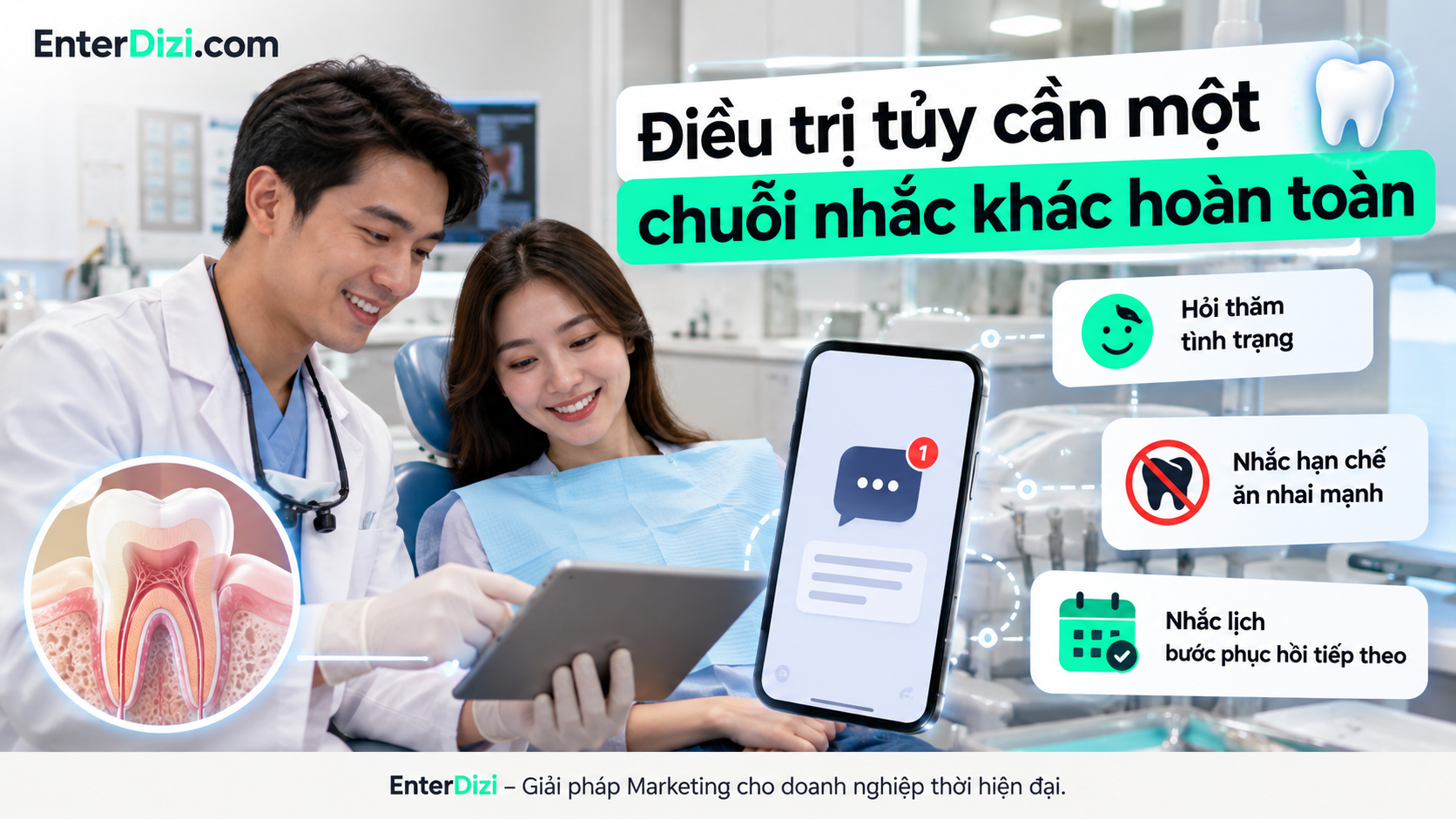 Chuỗi tin nhắn chăm sóc sau điều trị tủy giúp phòng khám nhắc người bệnh tuân thủ hướng dẫn ăn nhai, theo dõi tình trạng răng và xác nhận lịch phục hồi tiếp theo theo kế hoạch của bác sĩ.