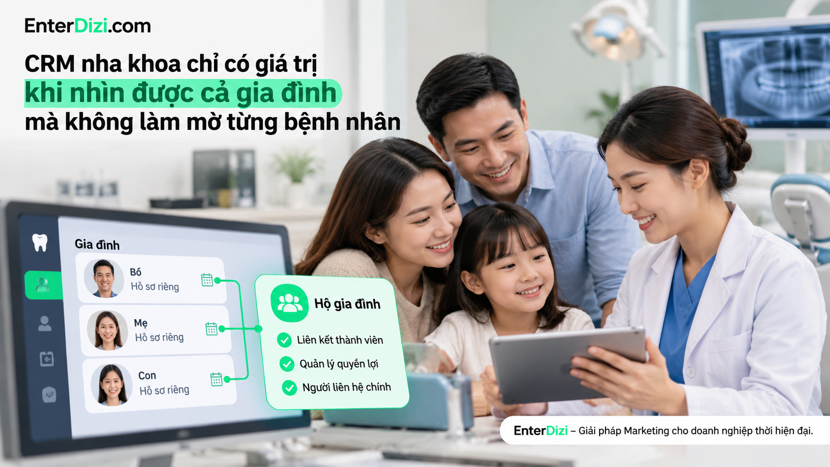 Kết nối quyền lợi cả gia đình trên CRM, đồng thời quản lý riêng hồ sơ từng bệnh nhân để đảm bảo chính xác và bảo mật.