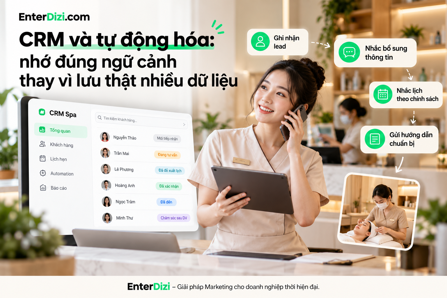 Ứng dụng CRM và tự động hóa trong spa marketing giúp quản lý khách hàng, theo dõi trạng thái tư vấn, nhắc lịch và nâng cao trải nghiệm đặt hẹn.