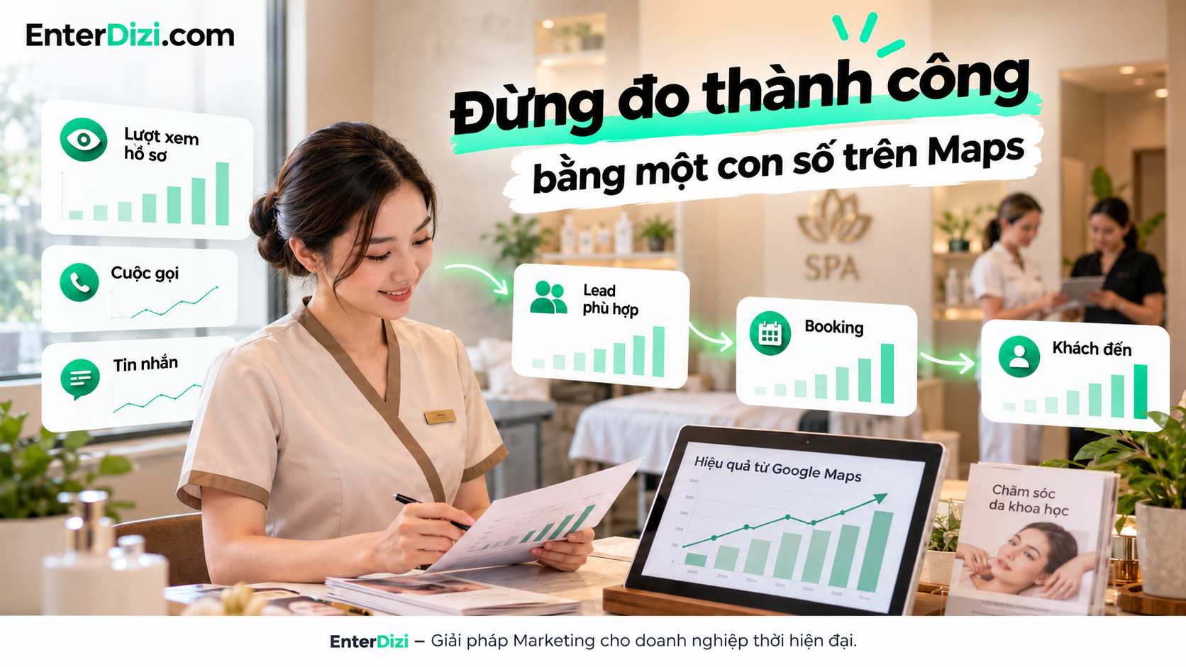 Đo lường hiệu quả SEO Google Maps cho spa cần kết hợp lượt xem hồ sơ, lead phù hợp, tỷ lệ đặt lịch và lượt khách đến để đánh giá chính xác hiệu quả marketing địa phương.
