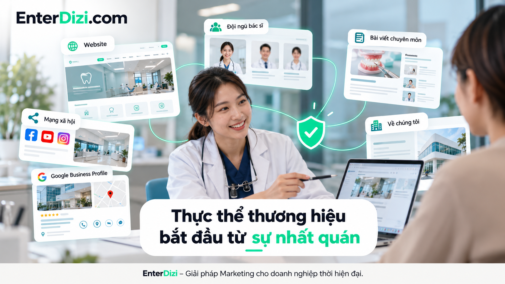 Đồng bộ thông tin thương hiệu nha khoa trên website, Google Business Profile và mạng xã hội giúp tăng tính nhất quán và khả năng nhận diện phòng khám.