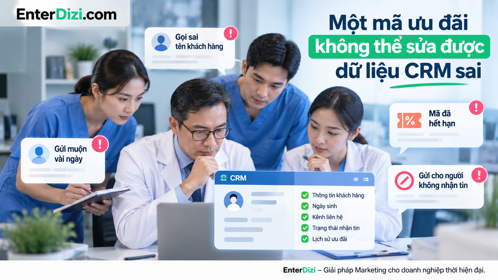 Dữ liệu CRM chính xác giúp phòng khám nha khoa gửi ưu đãi sinh nhật đúng khách hàng, đúng thời điểm, tránh sai tên, gửi trùng mã hoặc liên hệ khi chưa được đồng ý.
