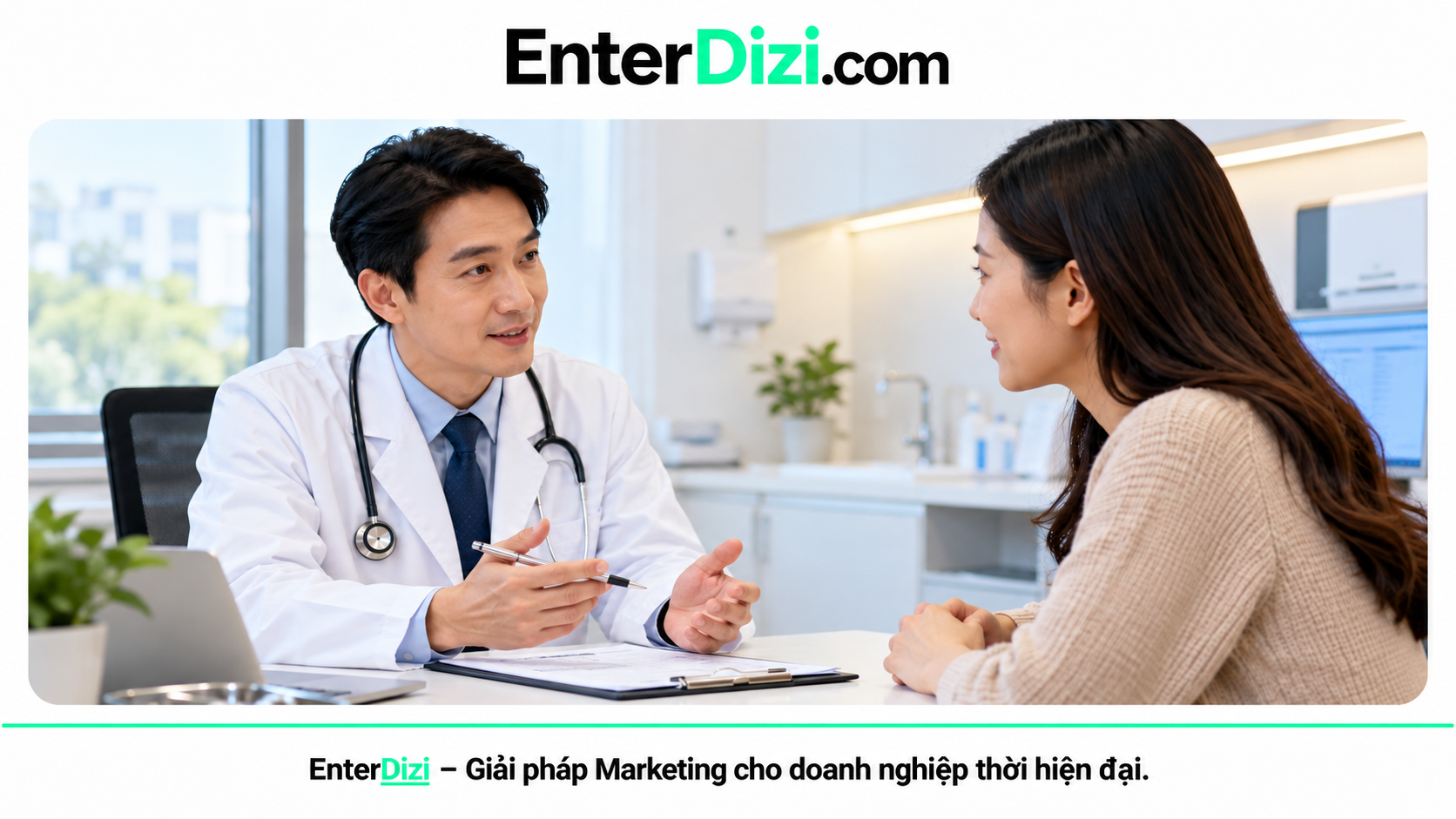 Hình minh họa bác sĩ trao đổi với bệnh nhân tại phòng khám