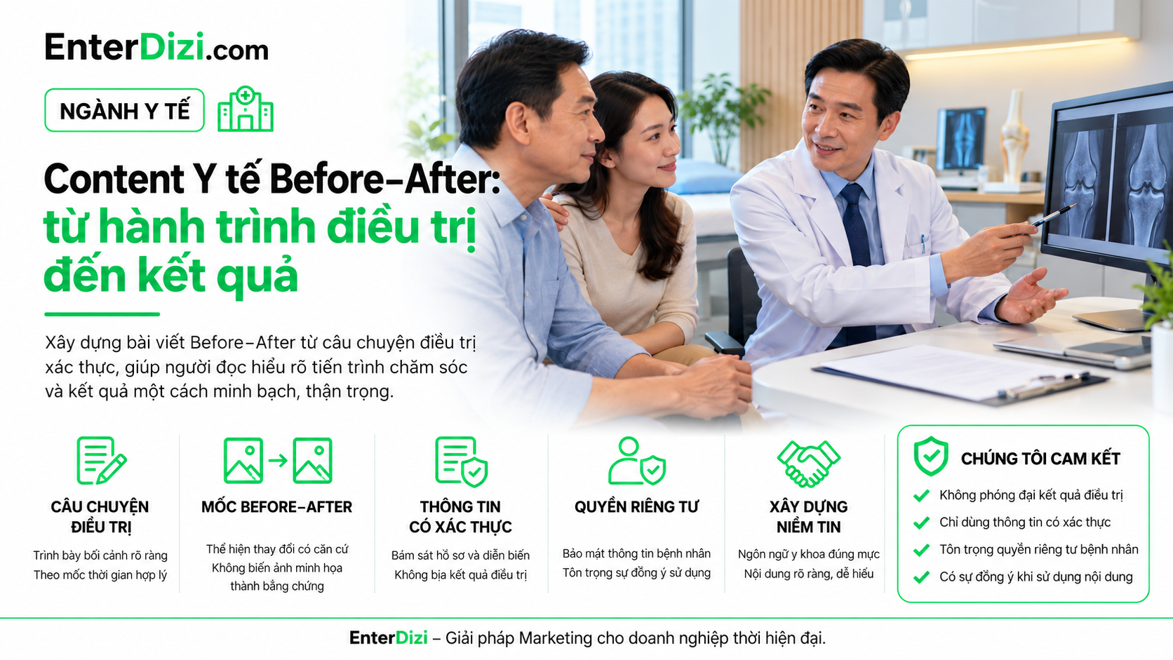 Featured EnterDizi về cách viết nội dung Before-After điều trị minh bạch, bác sĩ trao đổi hình ảnh y khoa với người bệnh