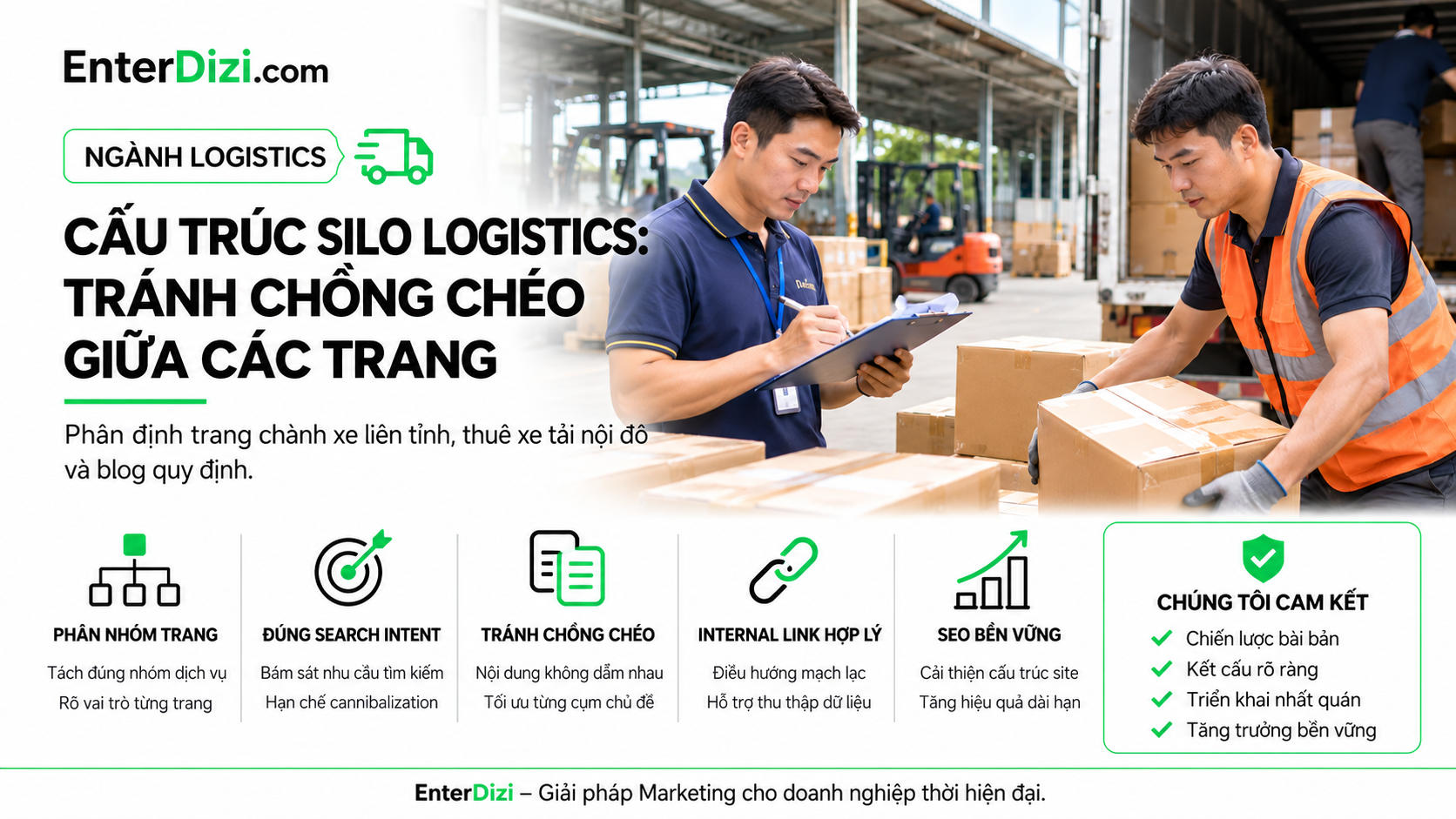 Featured EnterDizi Cấu trúc Silo Logistics, tránh chồng chéo giữa các trang, minh họa nhân viên làm việc tại kho