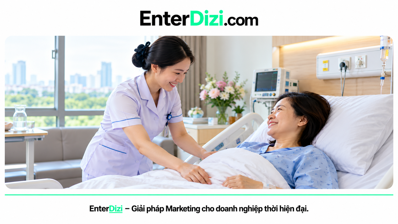 Hình minh họa nhân viên y tế chăm sóc một bệnh nhân tại giường bệnh