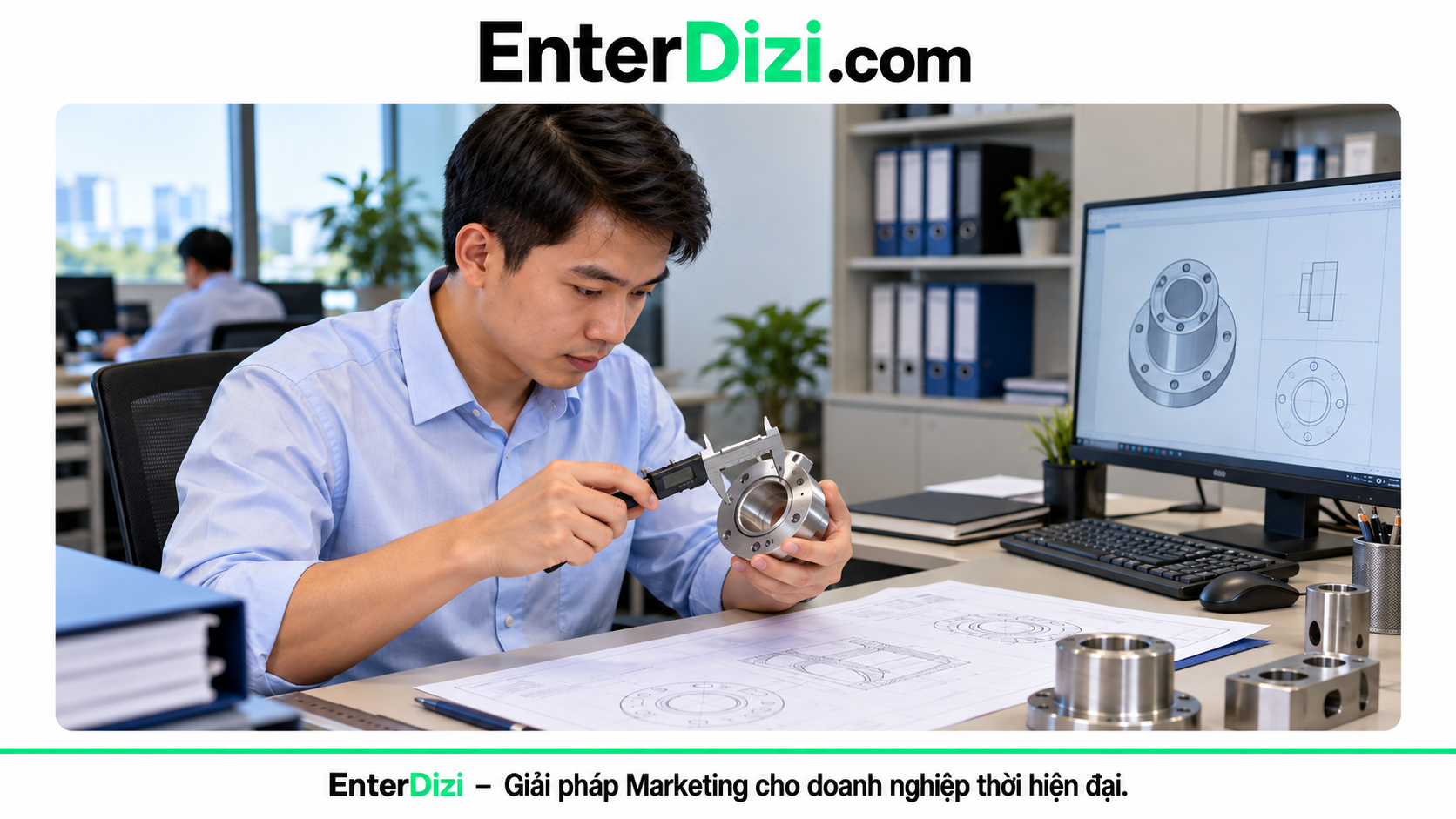 Kỹ sư đo chi tiết kim loại minh họa dung sai hình học CNC