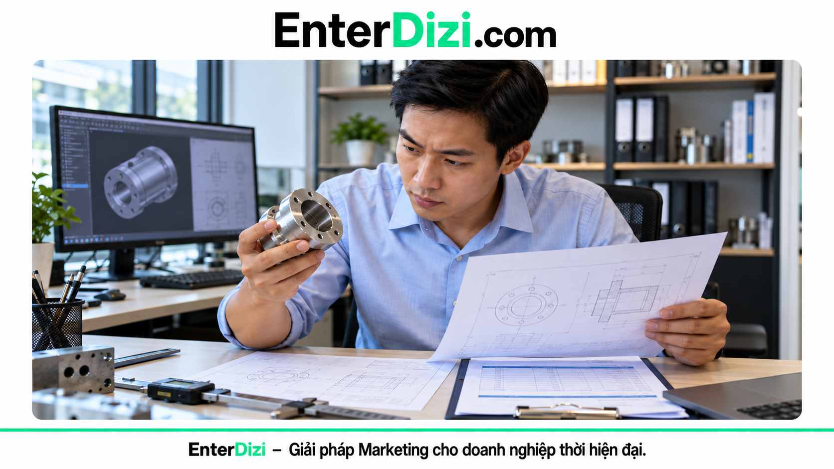 Kỹ sư xem bản vẽ cơ khí để đối chiếu dung sai hình học