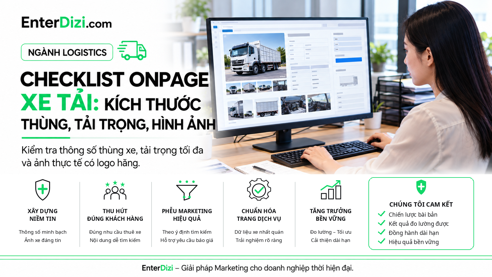 Featured EnterDizi với tiêu đề Checklist Onpage xe tải, hình minh họa người quản trị trang chi tiết xe tải