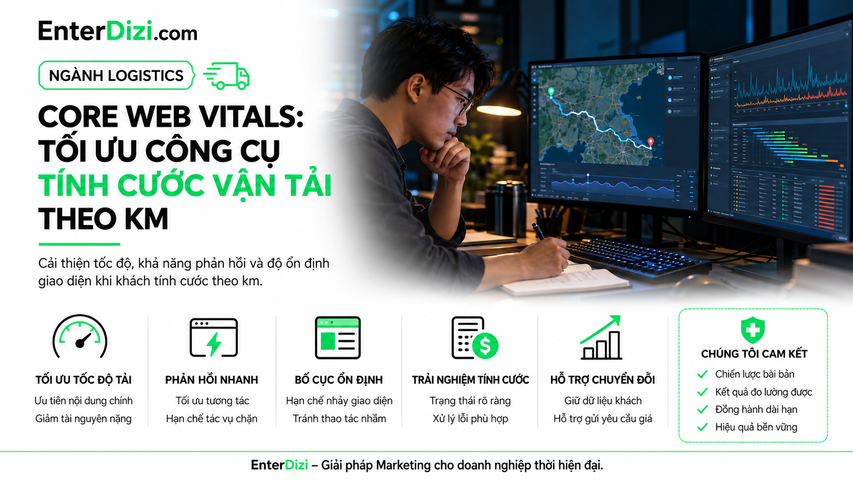 Featured EnterDizi ngành Logistics: Core Web Vitals tối ưu công cụ tính cước vận tải theo km với màn hình biểu đồ hiệu suất và bản đồ tuyến