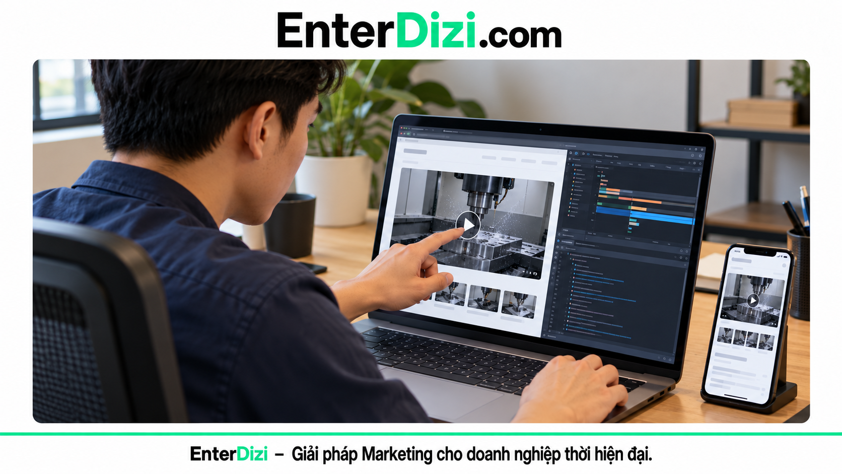 Người thử video trên laptop và điện thoại đo Core Web Vitals video CNC