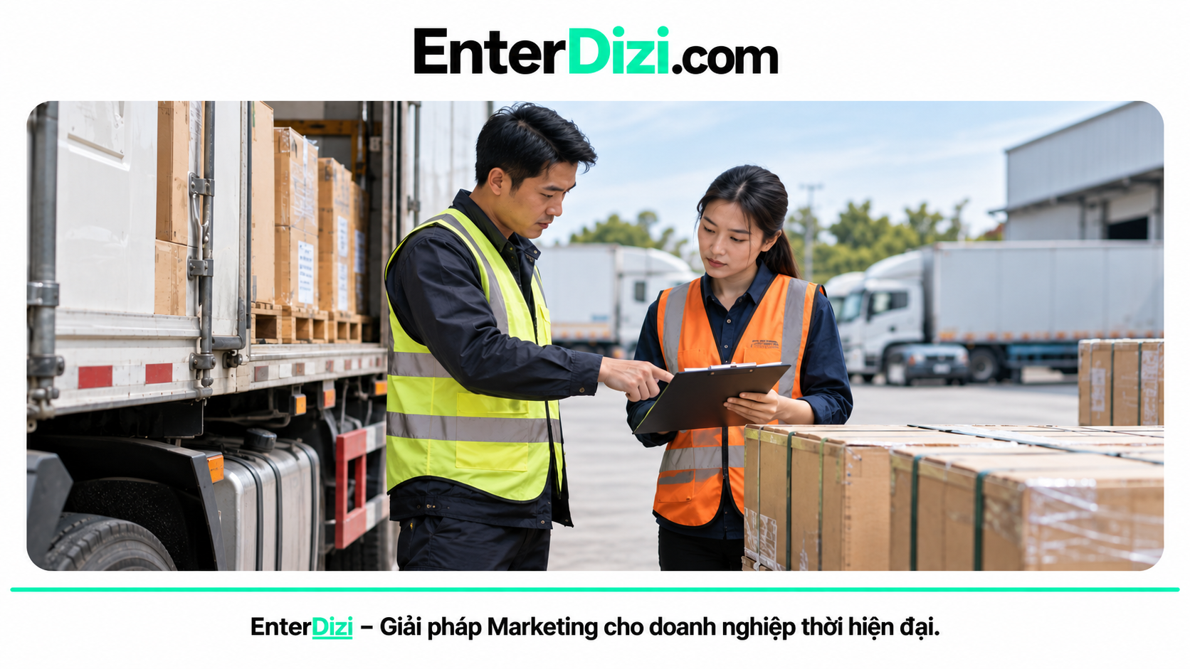 Hai nhân viên logistics kiểm tra chứng từ và hàng hóa cạnh xe tải tại kho bãi