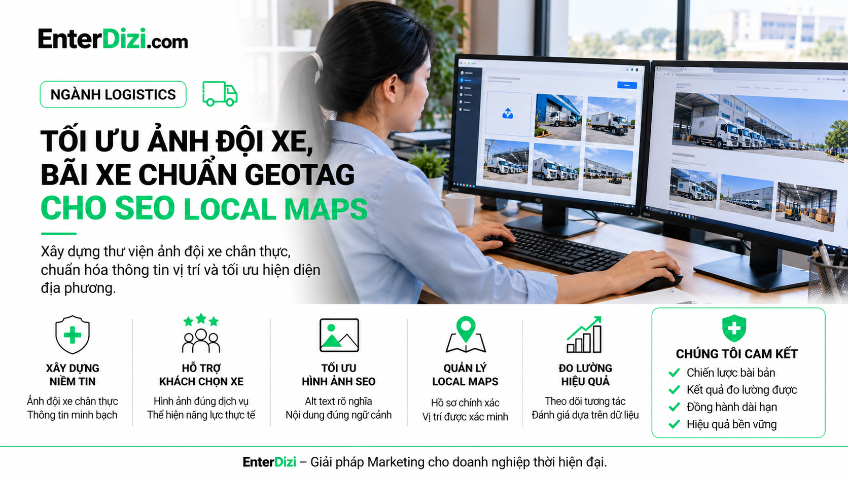 Featured EnterDizi ngành Logistics với headline tối ưu ảnh đội xe, bãi xe chuẩn Geotag cho SEO Local Maps