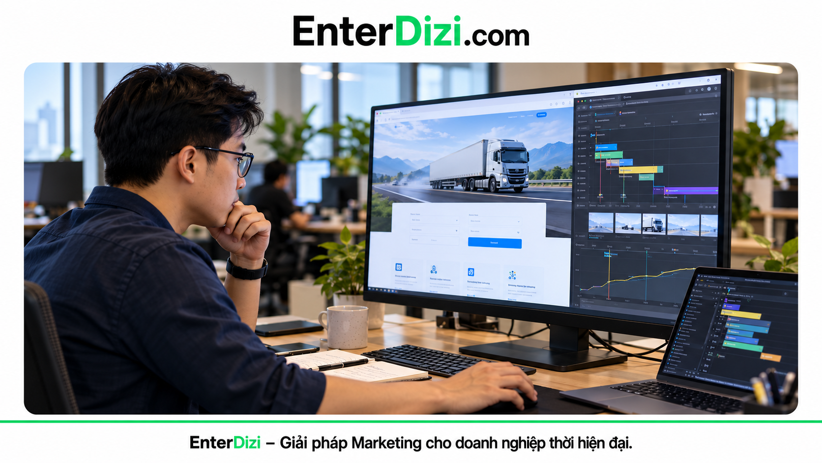 Kỹ thuật viên theo dõi website xe tải, công cụ phát triển và biểu đồ hiệu suất ứng dụng trên màn hình