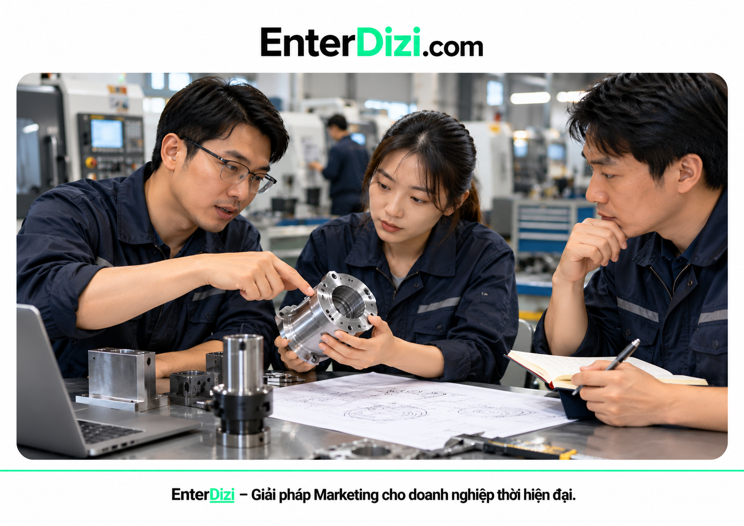 Các kỹ sư cơ khí đối chiếu bản vẽ với chi tiết CNC nhằm tìm hiểu sai số gia công