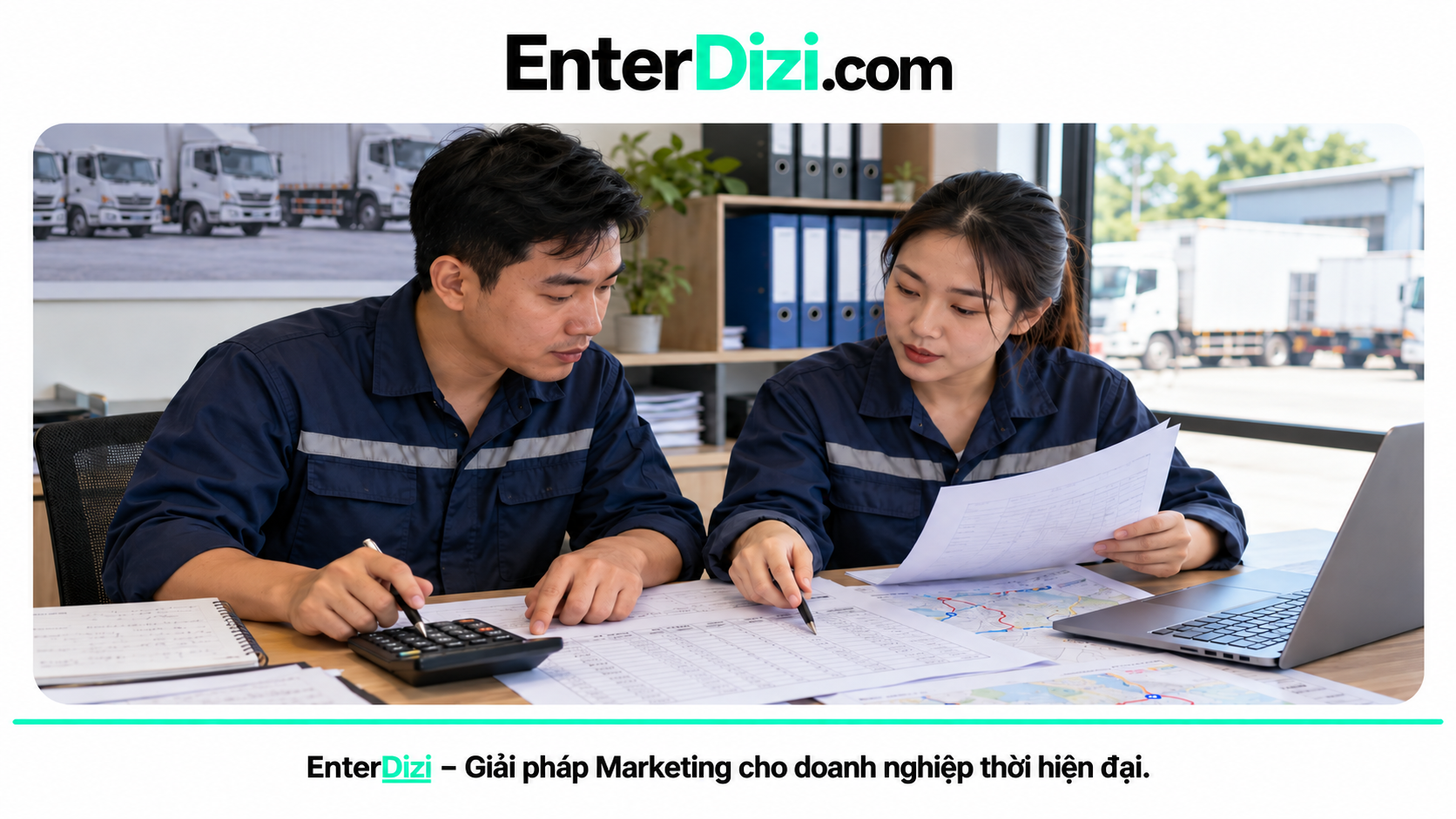 Hai nhân viên logistics kiểm tra bảng tính cước vận tải và dữ liệu tuyến đường tại bàn làm việc