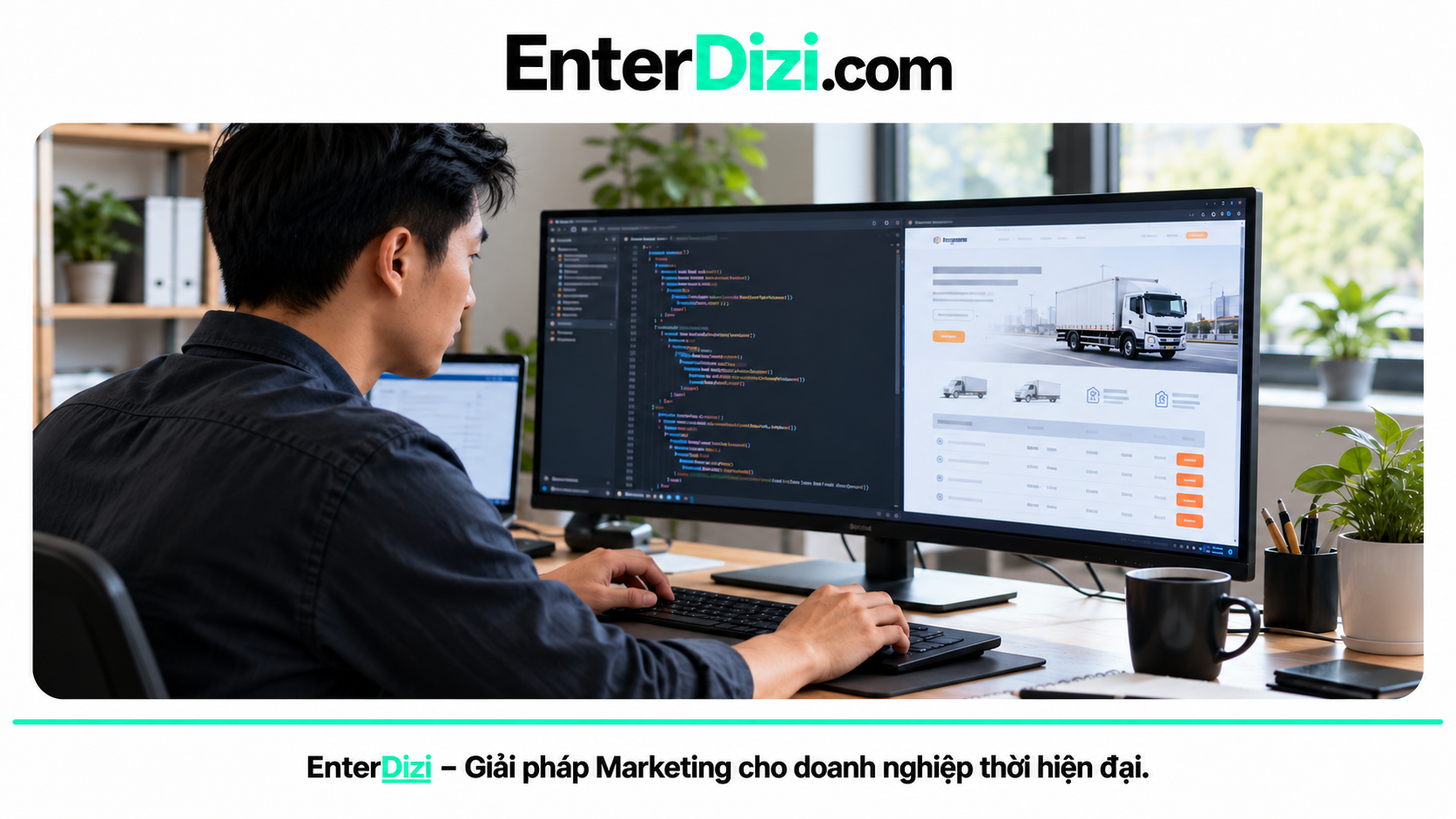 Nhân viên kỹ thuật làm việc trên giao diện lập trình và website logistics có hình xe tải