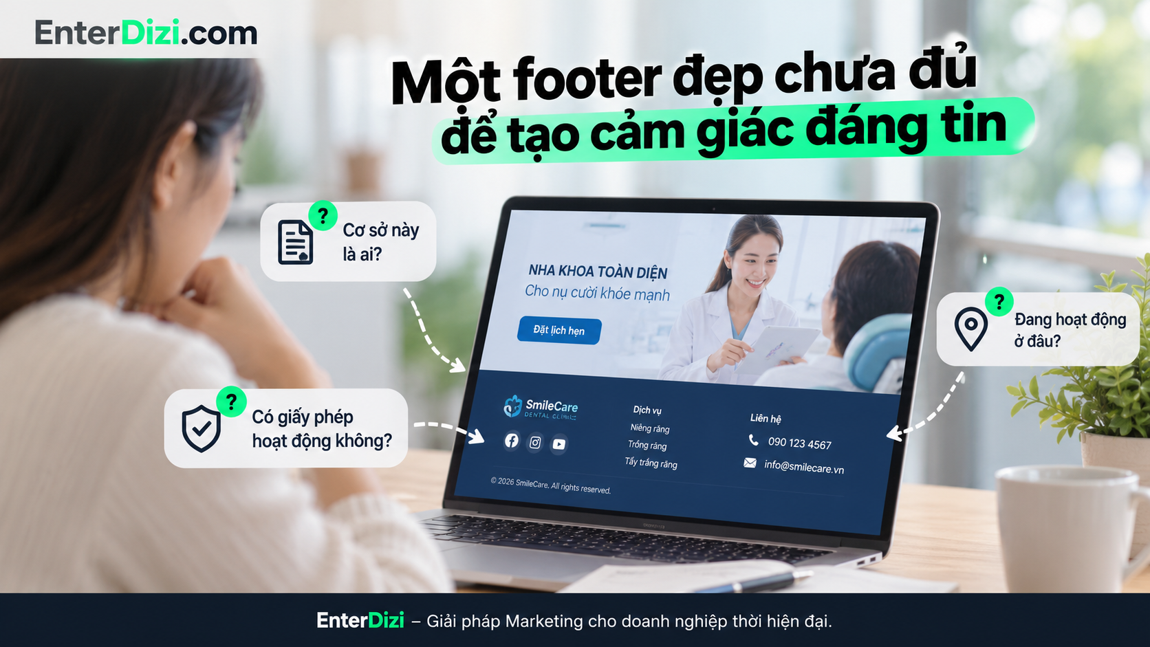 Footer website nha khoa cần hiển thị rõ thông tin cơ sở, địa chỉ và giấy phép để tăng tính minh bạch, tạo niềm tin với người bệnh.