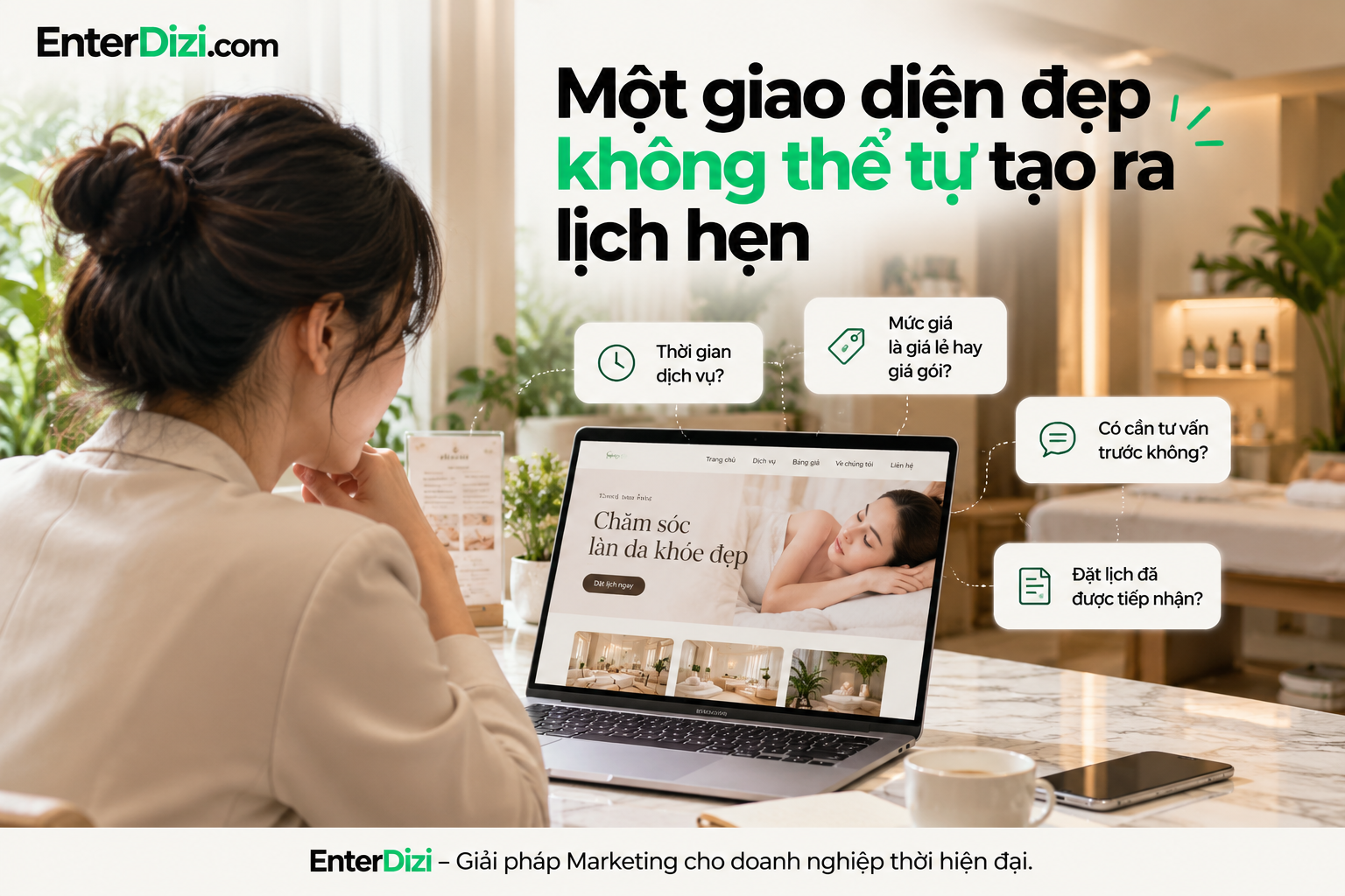 Giao diện website spa đẹp cần kết hợp thông tin dịch vụ rõ ràng, quy trình tư vấn và xác nhận đặt lịch để chuyển đổi khách truy cập thành lịch hẹn thực tế.