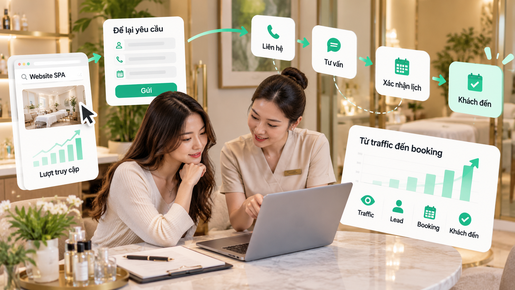 Hành trình chuyển đổi từ traffic đến lead, booking và khách đến spa cần được theo dõi rõ ràng để đánh giá hiệu quả SEO thực tế.