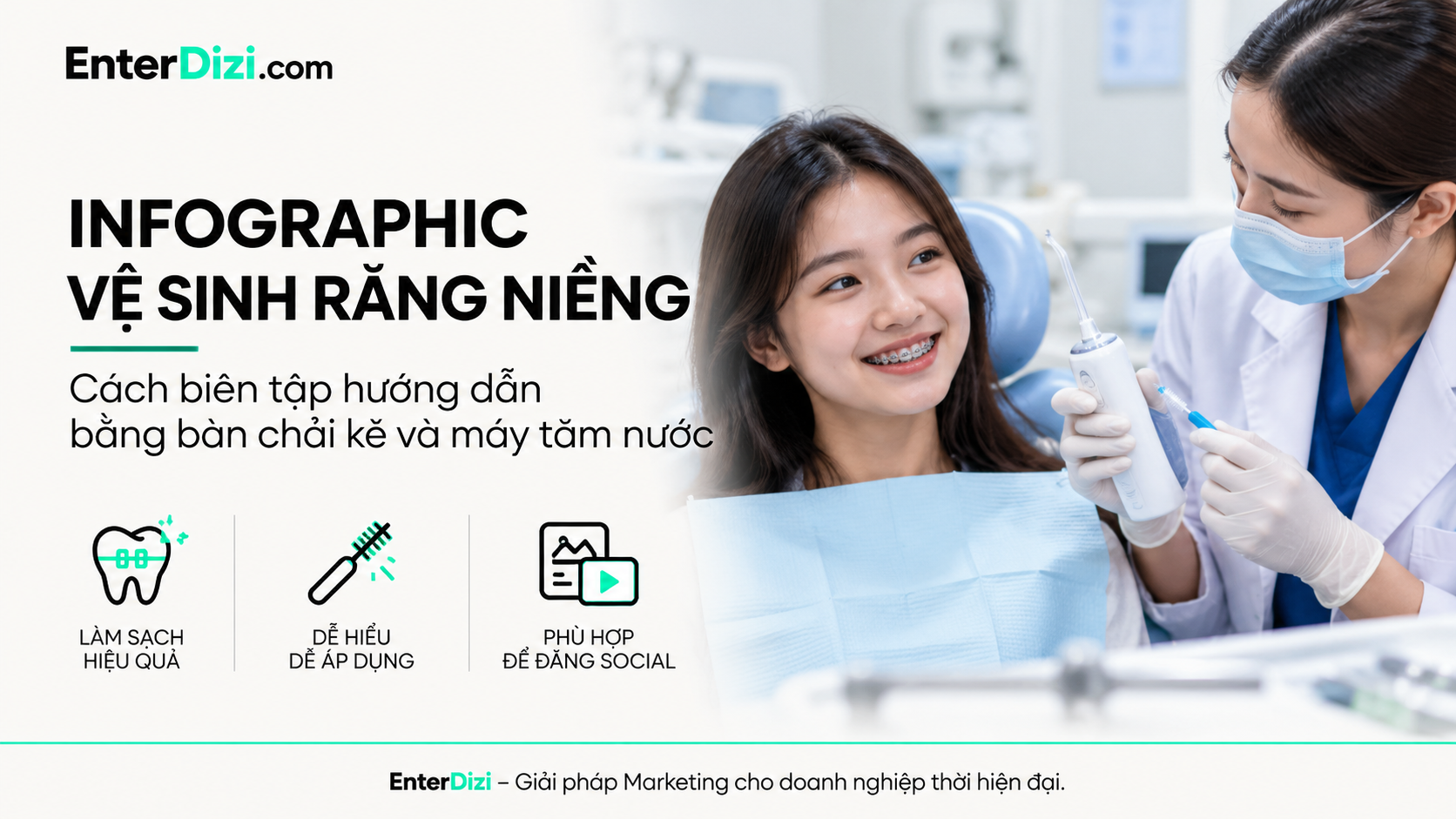 Infographic vệ sinh răng niềng: Hướng dẫn bàn chải kẽ và máy tăm nước | EnterDizi