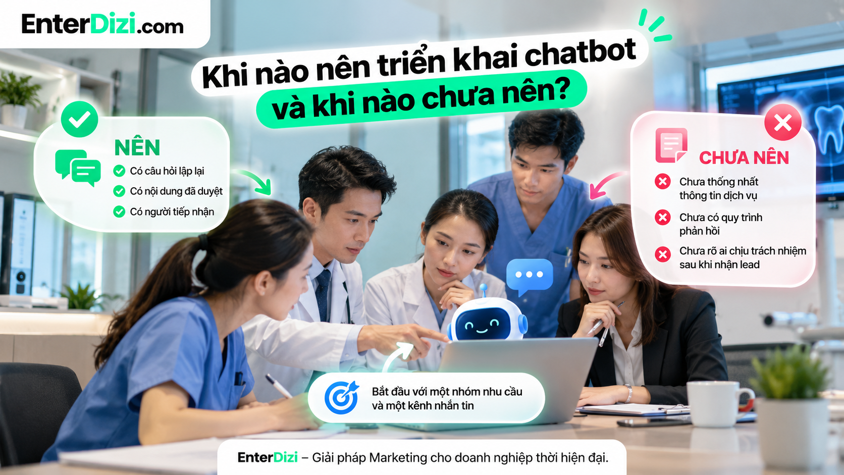 Phòng khám nha khoa nên triển khai chatbot khi đã có nội dung tư vấn thống nhất, quy trình tiếp nhận rõ ràng và nhân sự phụ trách xử lý yêu cầu khách hàng.
