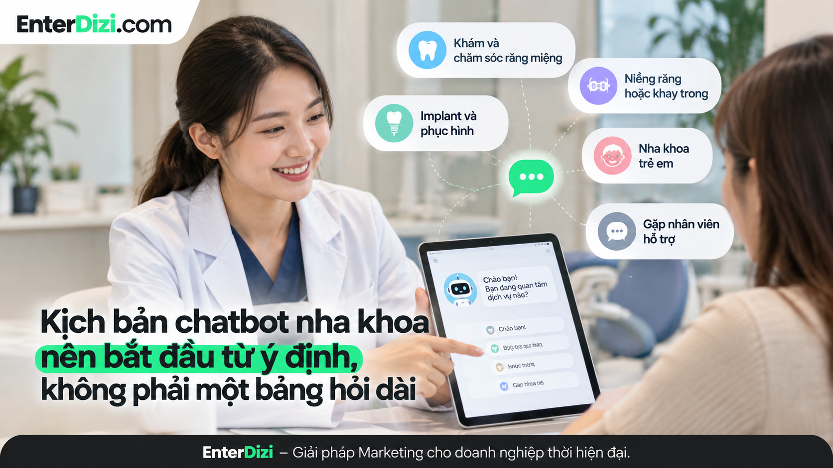 Kịch bản chatbot nha khoa giúp phân loại nhu cầu khách hàng ngay từ tin nhắn đầu tiên, thay vì sử dụng bảng hỏi dài.