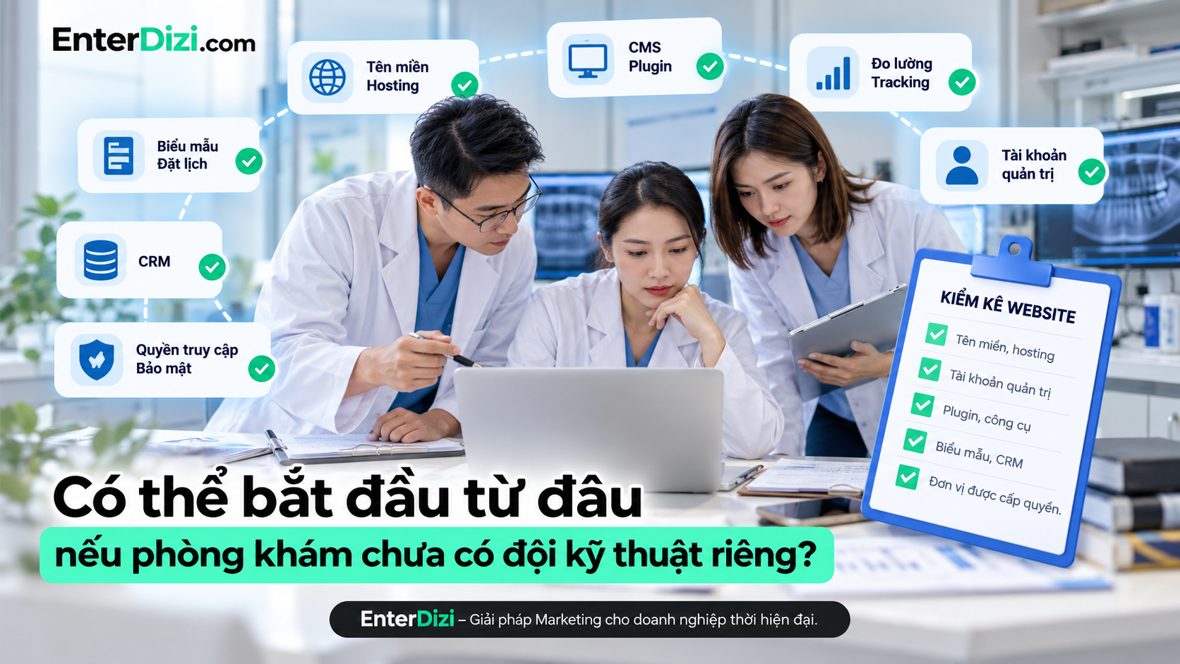 Kiểm kê tên miền, hosting, CMS, tài khoản quản trị, biểu mẫu và công cụ đo lường là bước đầu giúp phòng khám quản lý website an toàn.