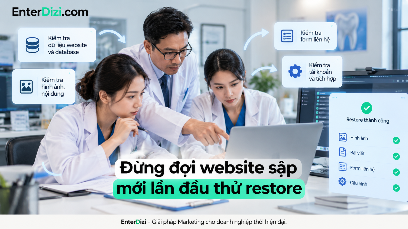 Kiểm thử khôi phục website nha khoa giúp xác minh tính toàn vẹn của dữ liệu, hình ảnh, bài viết và biểu mẫu liên hệ. Thực hiện restore trên môi trường thử nghiệm giúp phòng khám phát hiện lỗi trước khi sự cố thực sự xảy ra.