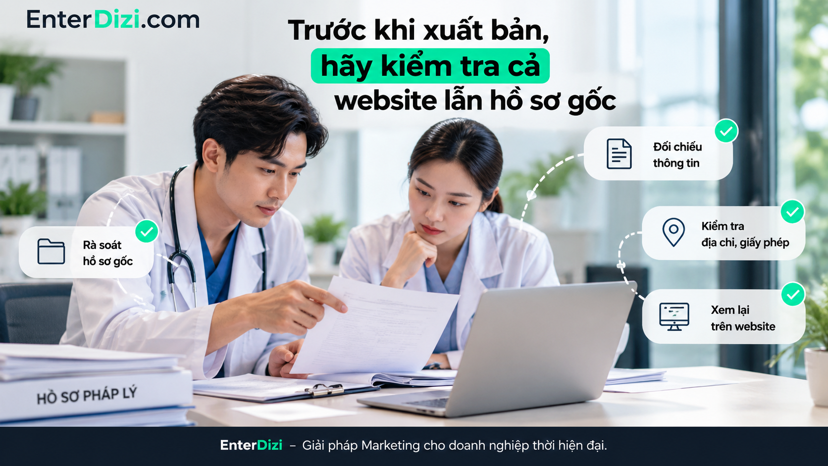 Đối chiếu thông tin trên website với hồ sơ pháp lý hiện hành giúp phòng khám hạn chế sai sót về giấy phép, tên cơ sở và địa chỉ.
