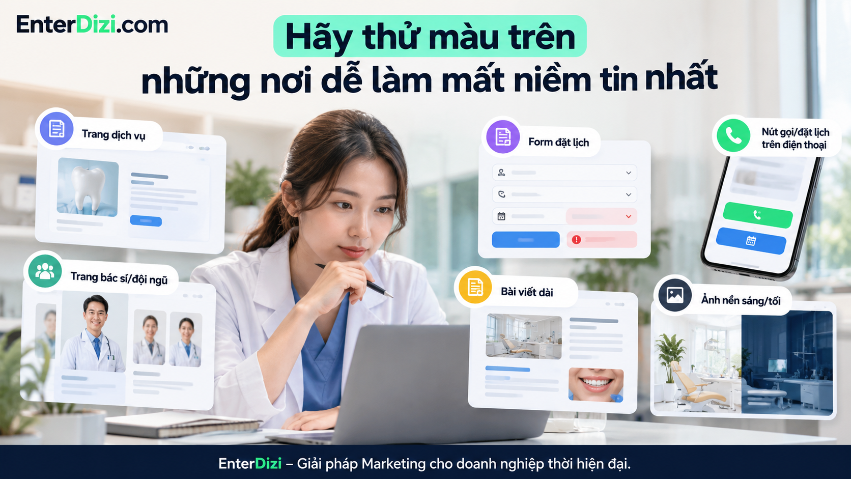 Kiểm tra màu sắc trên trang dịch vụ, hồ sơ bác sĩ, biểu mẫu đặt lịch và giao diện di động giúp website nha khoa duy trì khả năng đọc, tính nhất quán và trải nghiệm đáng tin cậy.