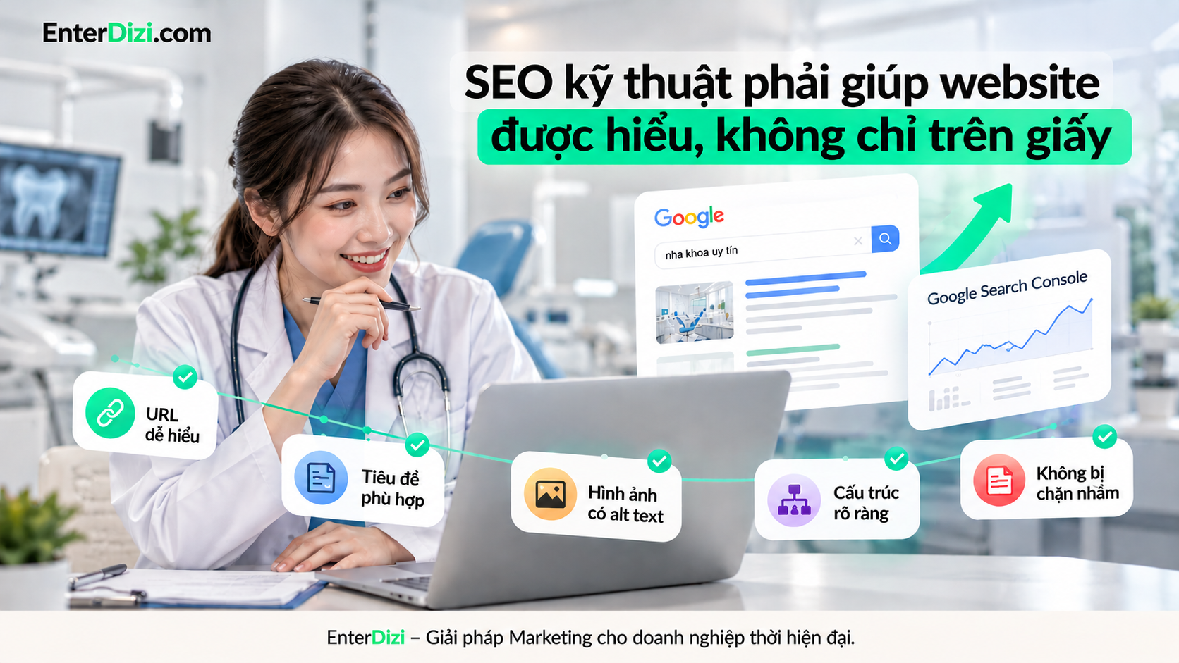 Kiểm tra SEO kỹ thuật website nha khoa cần chú trọng cấu trúc URL, tiêu đề trang, alt text hình ảnh, khả năng lập chỉ mục và Google Search Console trước khi bàn giao.