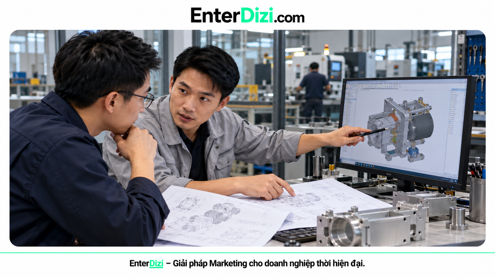 Hai kỹ sư phân tích mô hình cơ khí 3D trên màn hình và bản vẽ kỹ thuật