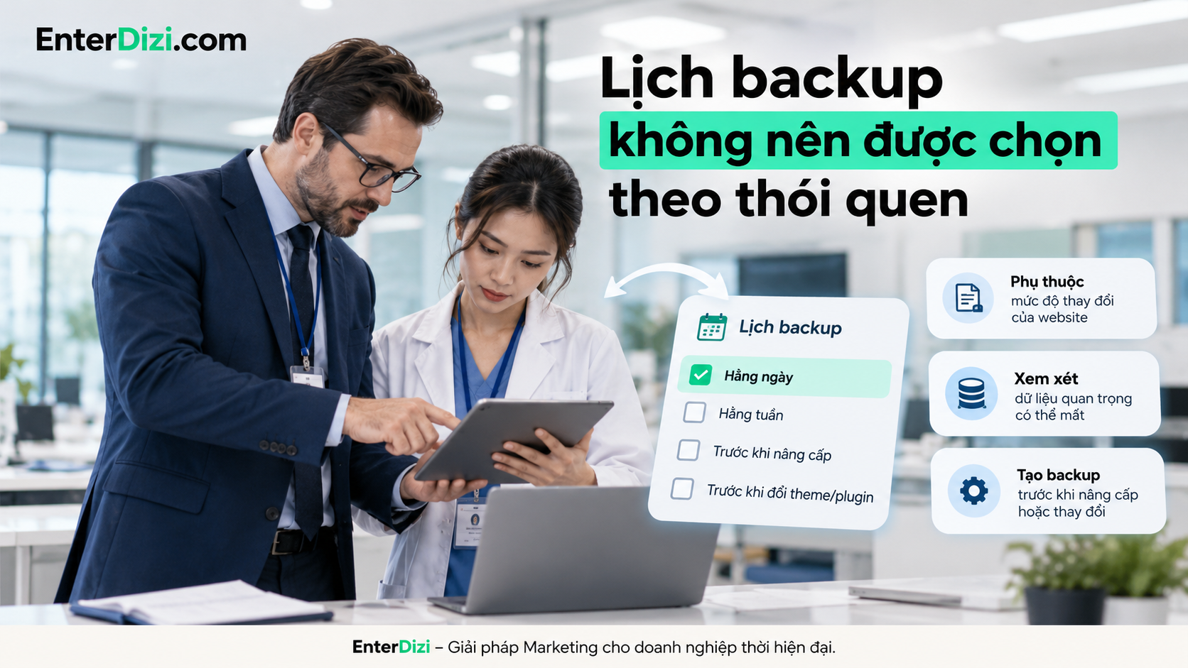 Tần suất backup website nha khoa cần dựa trên mức độ cập nhật dữ liệu và khả năng chấp nhận mất thông tin khi xảy ra sự cố. Lựa chọn lịch sao lưu phù hợp giúp phòng khám bảo vệ dữ liệu và duy trì hoạt động website hiệu quả.