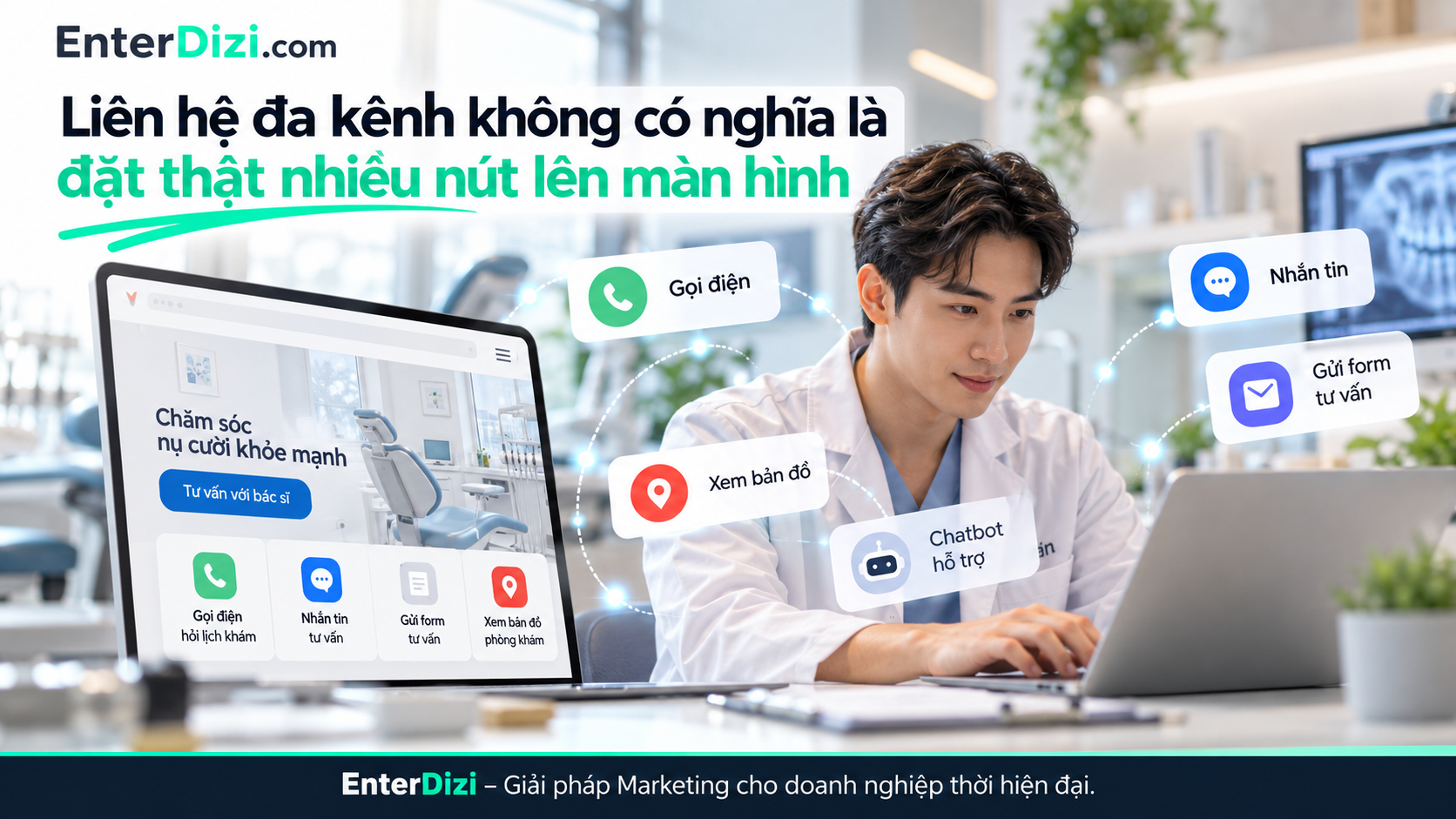 Tối ưu liên hệ đa kênh trên website nha khoa bằng cách kết hợp gọi điện, nhắn tin, form tư vấn và chatbot với mục đích rõ ràng, giúp người bệnh lựa chọn phương thức liên hệ thuận tiện.