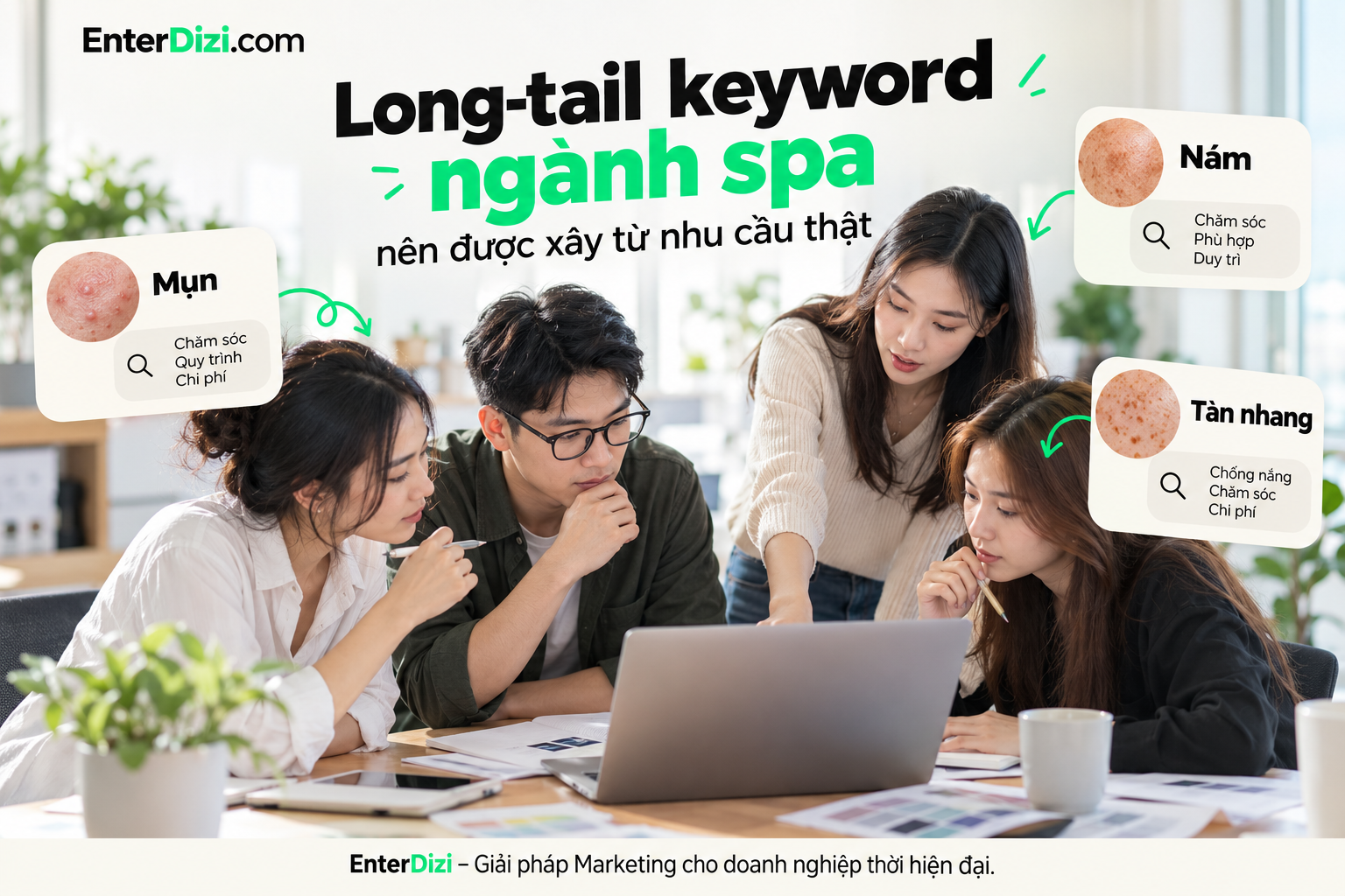 Xây dựng bộ từ khóa long-tail ngành spa theo nhu cầu tìm kiếm thực tế về mụn, nám và tàn nhang, giúp định hướng nội dung SEO phù hợp với từng nhóm khách hàng.